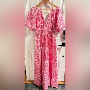 J.Crew Collection Puff Sleeve Maxi Dress Pink Floral Smocked Waist Halter Size S